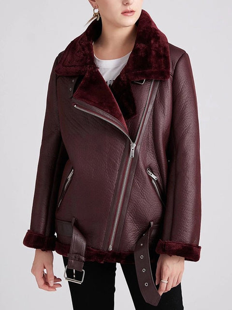 Faux Leather Jacket Women Thick Long Sleeve Fur Cuffs Collar Chic Warm Winter Outerwear Fashion