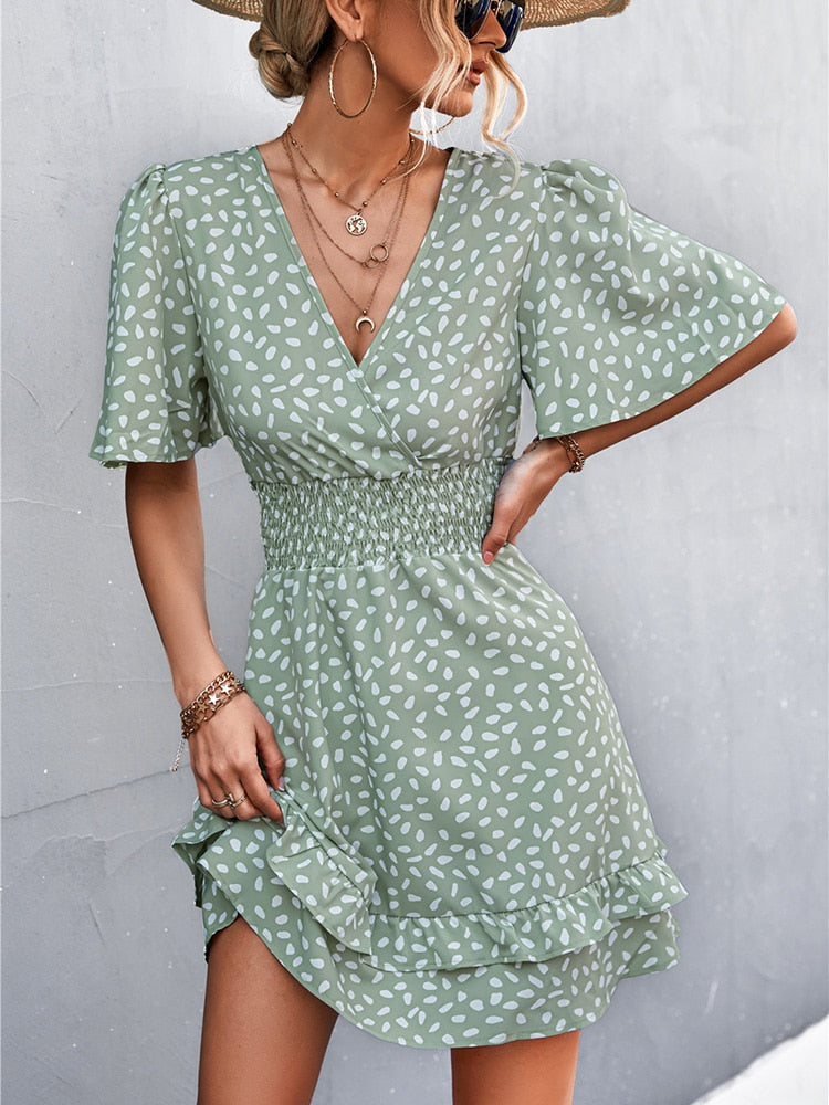 V-Neck Print Mini Dress For Women Short Butterfly Sleeve A-Line Dress