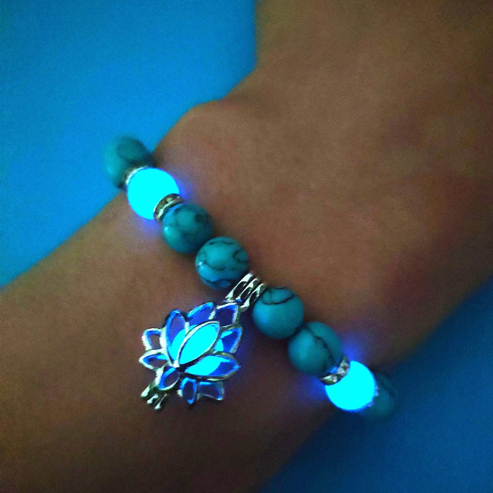 Luminous Glow In The Dark Bracelet Lotus Charm Flower Shaped Charm Bracelet for Women Natural Turquoise Stones Ladies Yoga Prayer Jewelry