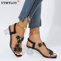 Women's Sandals Rhinestone Flowers Decoration Chunky Heel Peep Pumps Shoes