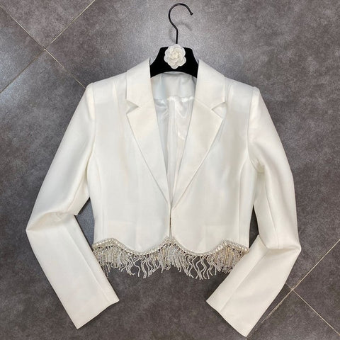 High Waist Rhinestone Tassel Suit Jacket & Mini Skirt Set Women 2-Piece Elegant Party Fashion