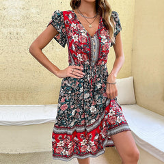 Bohemian Short Sleeve V-Neck Summer Midi Dress, Floral Print A Line Dress