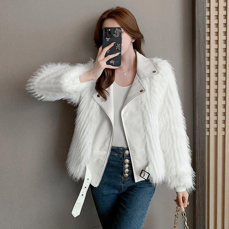 Women's Long Sleeve Short Faux Fur Coat  Zipper Sashes White Turn-down Collar