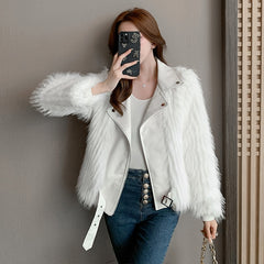 Women's Long Sleeve Short Faux Fur Coat  Zipper Sashes White Turn-down Collar