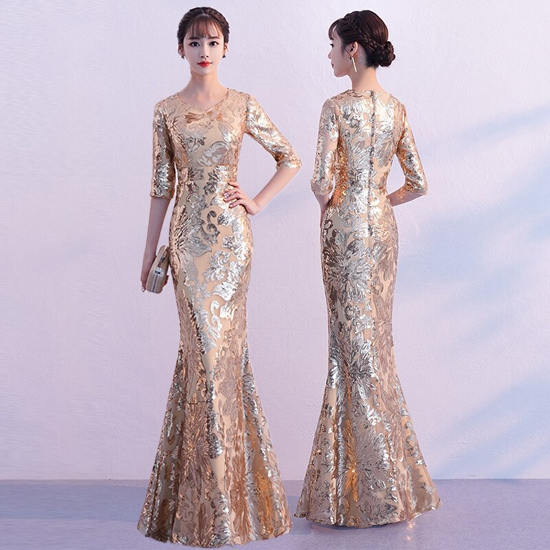 Gold Sequins Evening Party Dress