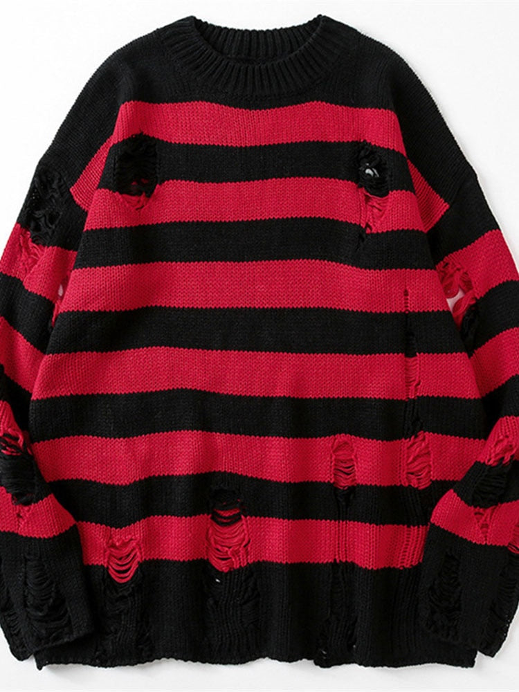 Horizontal Striped Women's Hollow Out Sweater Punk Grunge Hole Distressed Jumper