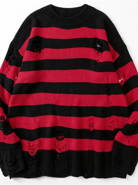 Striped Hollow Out Sweater Women Punk Grunge Distressed Hole Casual Streetwear Fashion Top