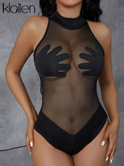 Women's See-Through Ruched Bodycon Dress High Neck