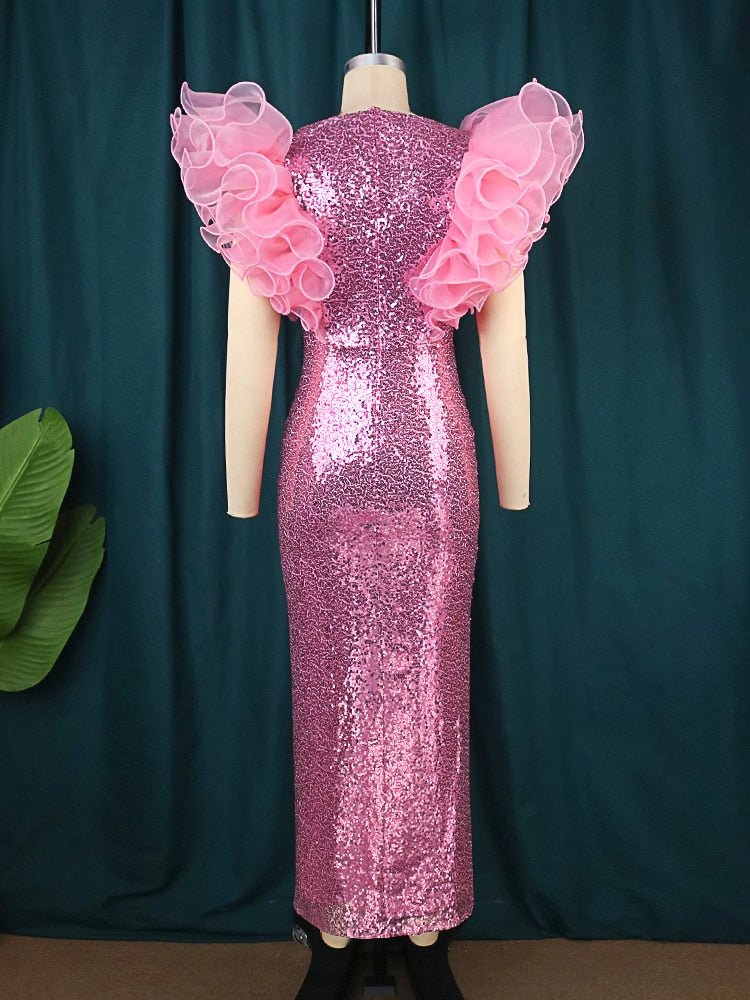 Pink Sequin Puff Sleeve Bodycon Dress Women Ruffle Sparkly Elegant Eve