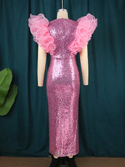 Pink Sequin Dress Puff Ruffle Sleeve Bodycon Sparkly Evening Dress