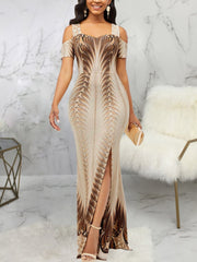 Sexy Buffer-fly Print Dresses Digital Printed Bodycon Off Shoulder Maxi Dress