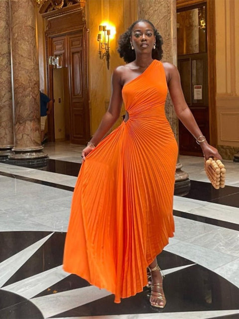 Orange One Shoulder Satin Maxi Dress Pleated Formal Wedding Guest Asym
