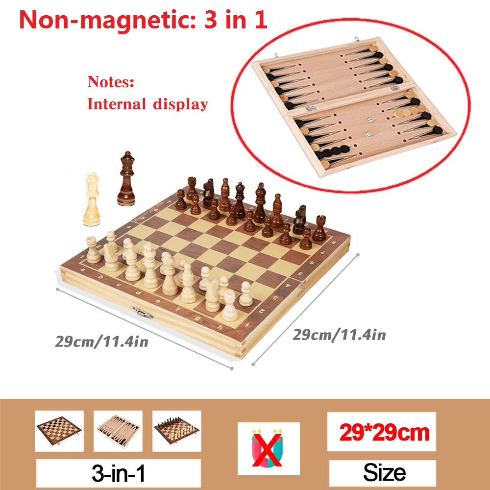 Wooden Magnetic Chess Set Folding Large Board 34 Pieces Portable Travel Game Gift Kids Adults
