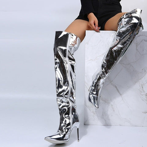 Above Knee Boots Women Mirror Shiny Pointy Toe Stiletto High Heel Silver Elegant Fashion Shoes
