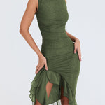 Elegant Ruffle Ruched Midi Dress Sleeveless Irregular Dress