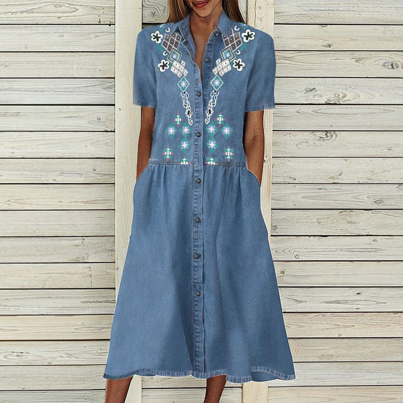 Women's Denim Dress Elegant Single Breasted Long Skirt Stretchy Waist Blue Denim Dress