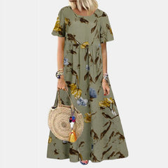 Women's Vintage Floral Long Summer Dress Boho Casual Loose Short Sleeve Dress Plus Sizes