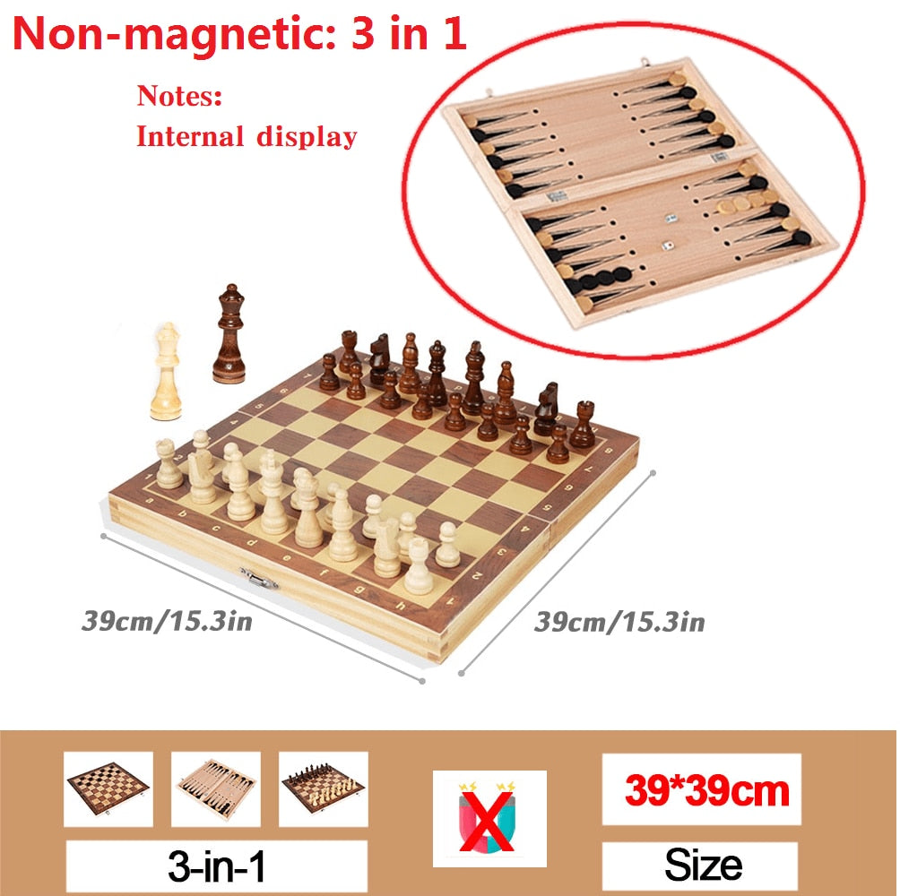 Wooden Chess Set Folding Magnetic Large Board With 34 Chess Pieces Portable