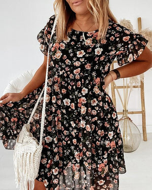 Women's Summer Dresses Floral Print Bohemian Short Sleeve Dress with Ruffles Plus Sizes S-3XL