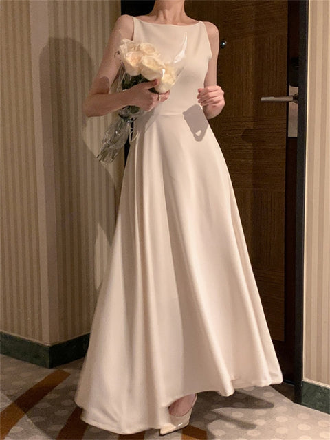 Sleeveless A-Line Maxi Dress Women Elegant Solid Wedding Guest Bridesmaid Prom White Black