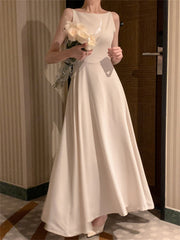 Women's Elegant Long Sleeveless Wedding Guest Bridesmaid Dress A Line Solid Color Prom Dress White/Black