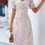 Women's Summer Floral Print Midi Dress Women V Neck Puff Sleeve Dress
