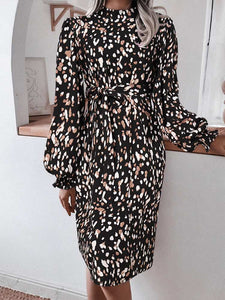 Elegant Leopard Print Sundress Long Puff Sleeve Party Dress Holiday Belted Robe