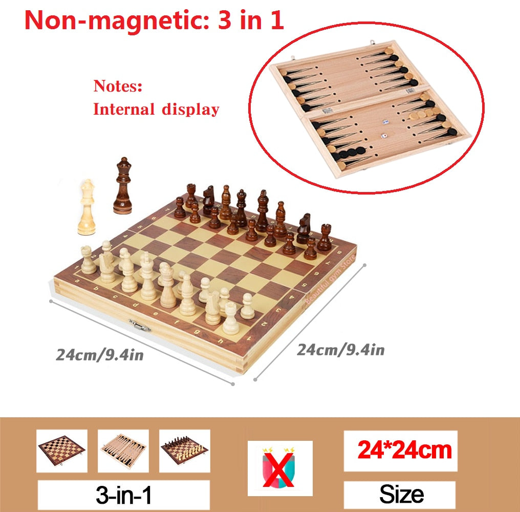 Wooden Magnetic Chess Set Folding Large Board 34 Pieces Portable Travel Game Gift Kids Adults