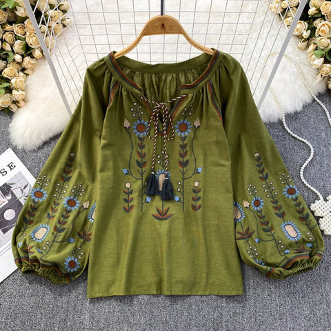 Lantern Sleeve Embroidered Blouse Women O-Neck Loose Fit Casual Elegant Fashion Top