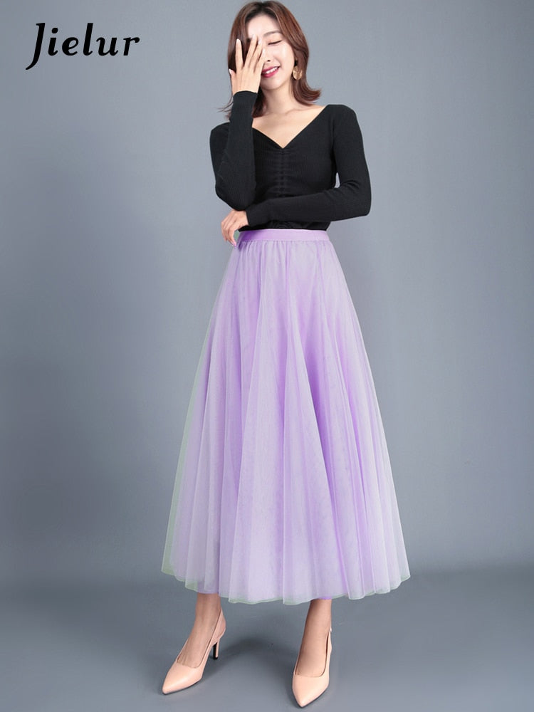 French Mesh Asymmetrical Skirt Tulle Dress High Waist Pleated Elegant Loose Skirt