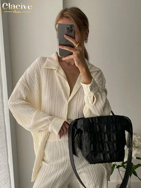 Collar Long Sleeve Top & Pants Set Women 2-Piece Casual Elegant Everyday Fashion Outfit