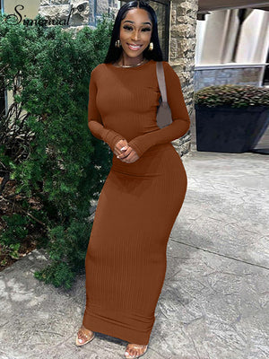 Elegant Knitted Ribbed Evening Dresses For Women Sexy Skinny Long Sleeve Party Dress