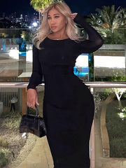 Elegant Knitted Ribbed Evening Dresses For Women Sexy Skinny Long Sleeve Party Dress