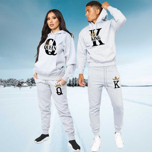 2 Piece Set KING QUEEN Printed Hoodie and Pants For Women & Men Plus Sizes Sportwear