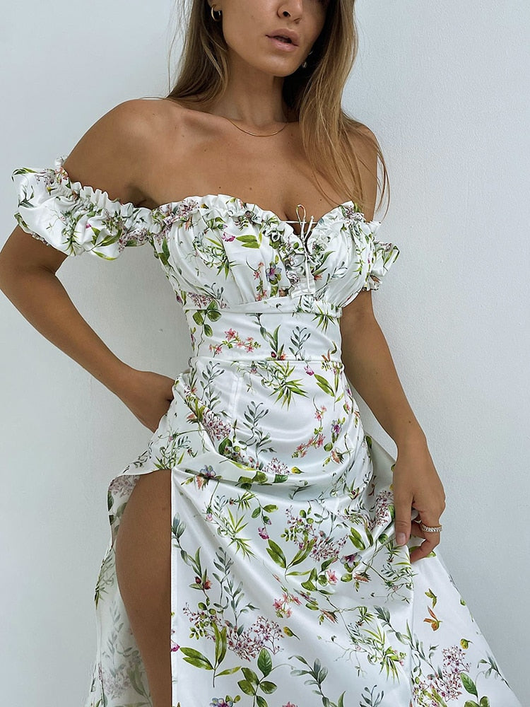 Off Shoulder Floral Print Puff Sleeve Maxi Dress Women Long French Style Casual Summer Fashion