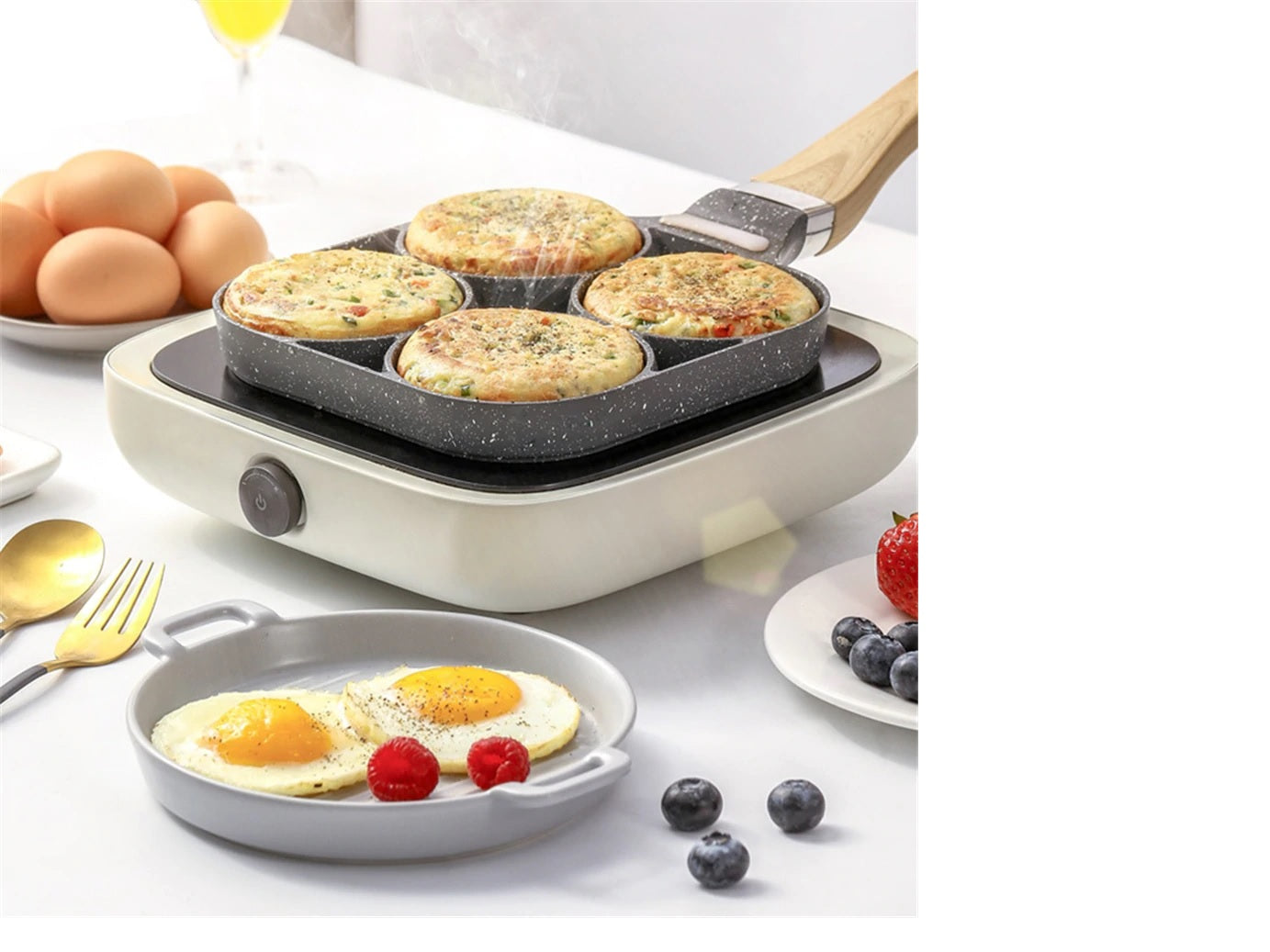 4 compartment frying pan in use