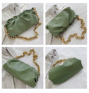 Gold Chain Green Over Size Genuine Leather Pouch Bag Slouchy Clutches