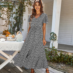 Women's Bohemian Beach Long Dress Spring Summer Casual V-Neck Short Sleeve Print Dresses