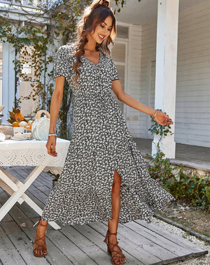 Women's Bohemian Beach Long Dress Spring Summer Casual V-Neck Short Sleeve Print Dresses