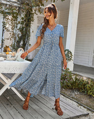 Women's Bohemian Beach Long Dress Spring Summer Casual V-Neck Short Sleeve Print Dresses