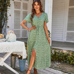 Women's Bohemian Beach Long Dress Spring Summer Casual V-Neck Short Sleeve Print Dresses