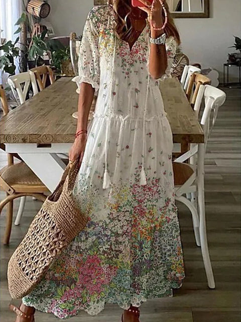 Women's Pattern Print Long Dress V Neck Tassel Pleated Party Dress 3/4 Sleeve