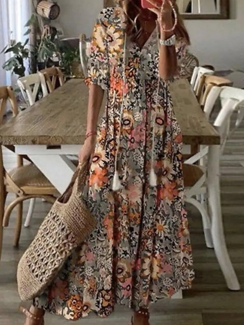 Women's Pattern Print Long Dress V Neck Tassel Pleated Party Dress 3/4 Sleeve