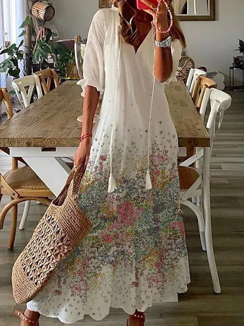 Women's Pattern Print Long Dress V Neck Tassel Pleated Party Dress 3/4 Sleeve