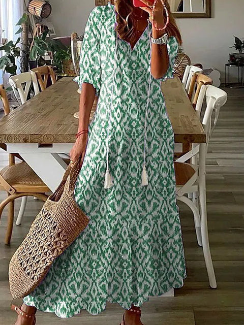 Women's Pattern Print Long Dress V Neck Tassel Pleated Party Dress 3/4 Sleeve