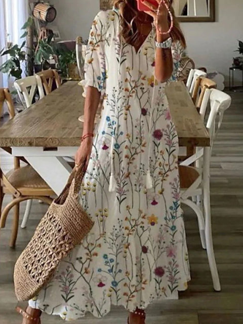 Women's Pattern Print Long Dress V Neck Tassel Pleated Party Dress 3/4 Sleeve