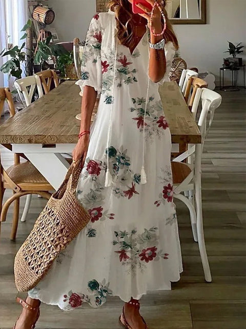 Women's Pattern Print Long Dress V Neck Tassel Pleated Party Dress 3/4 Sleeve