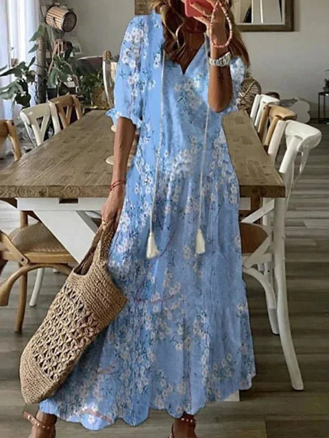 Women's Pattern Print Long Dress V Neck Tassel Pleated Party Dress 3/4 Sleeve