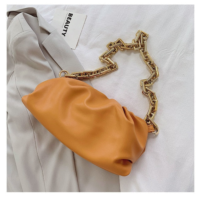 Orange leather handbag purse with chunky thick chain