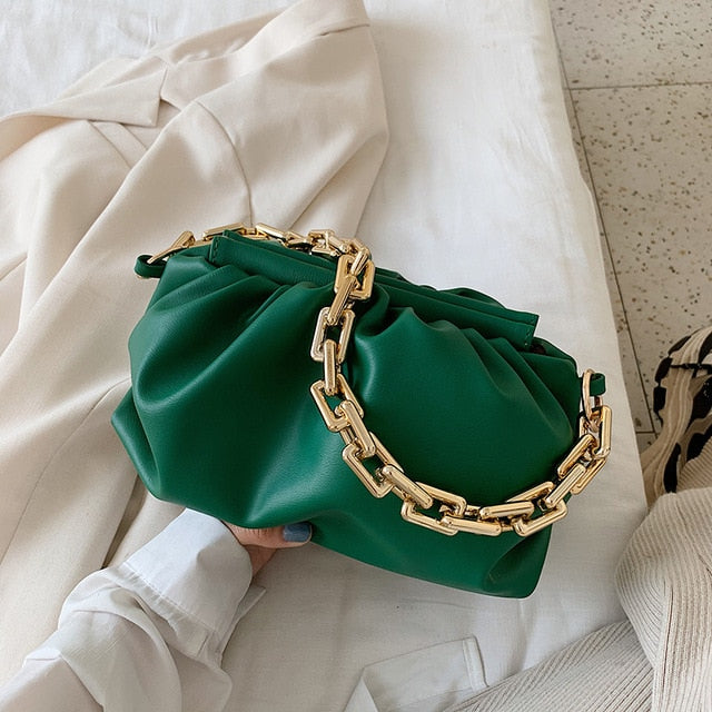 Dark Green leather handbag purse with chunky thick chain